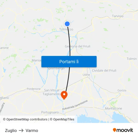 Zuglio to Varmo map