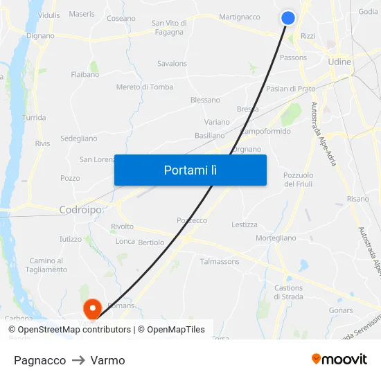 Pagnacco to Varmo map