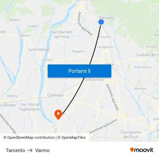 Tarcento to Varmo map