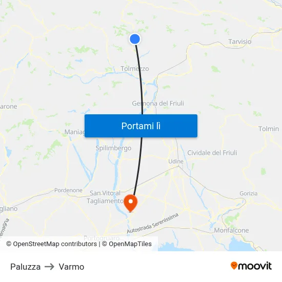 Paluzza to Varmo map