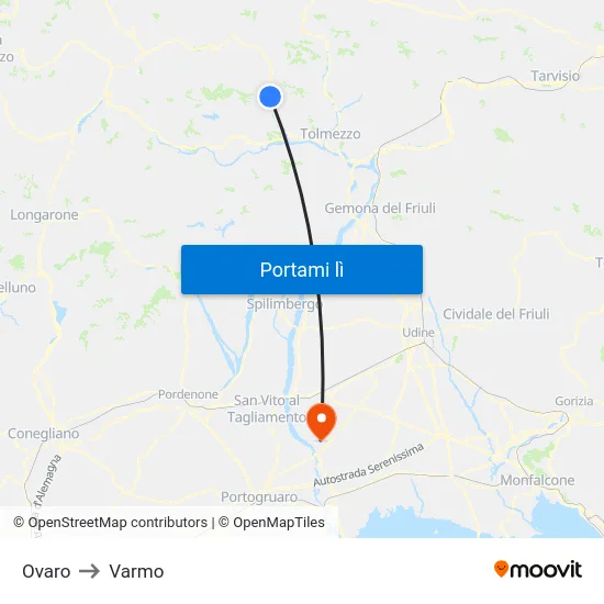 Ovaro to Varmo map