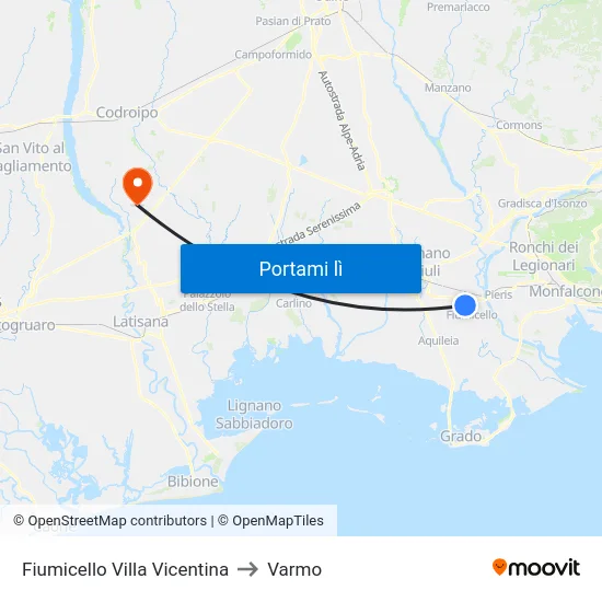 Fiumicello Villa Vicentina to Varmo map