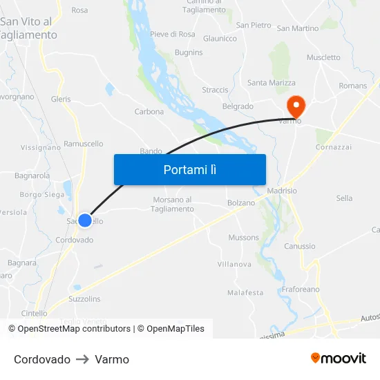 Cordovado to Varmo map