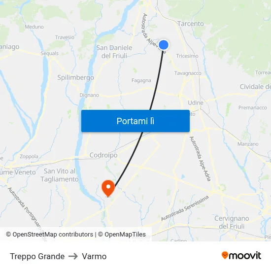 Treppo Grande to Varmo map