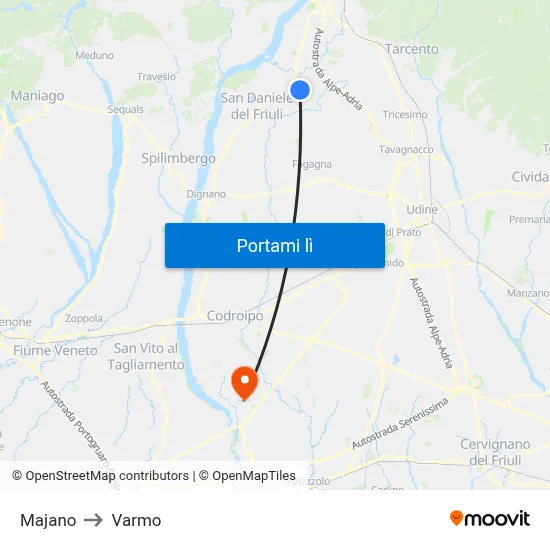 Majano to Varmo map