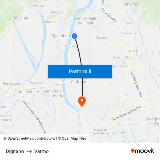 Dignano to Varmo map