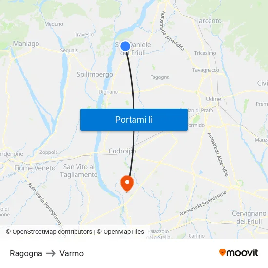 Ragogna to Varmo map
