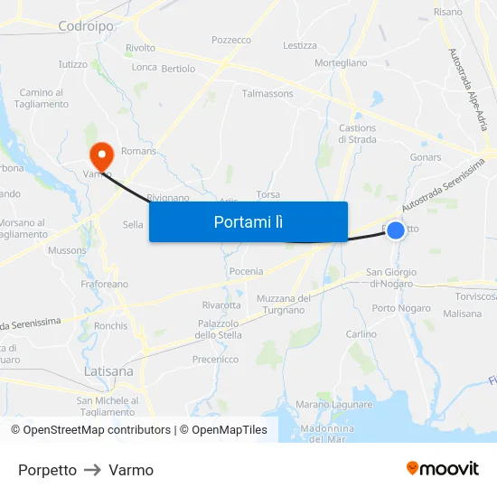 Porpetto to Varmo map