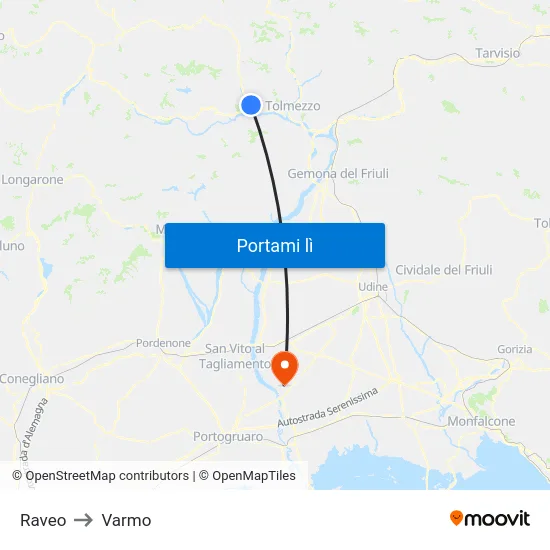 Raveo to Varmo map