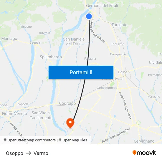 Osoppo to Varmo map