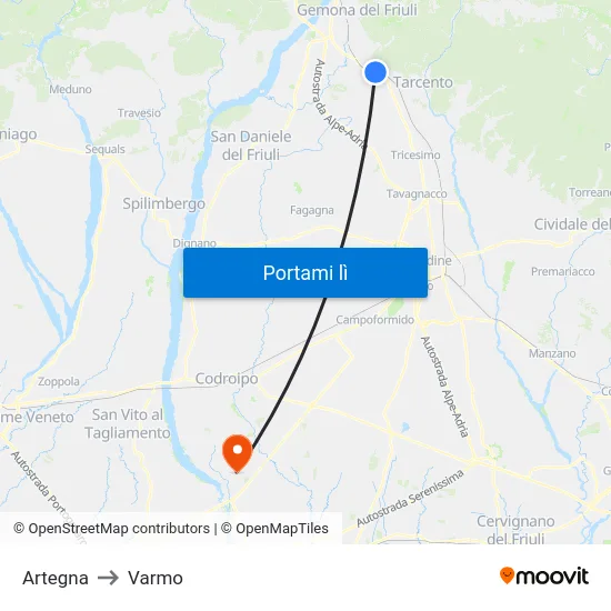 Artegna to Varmo map