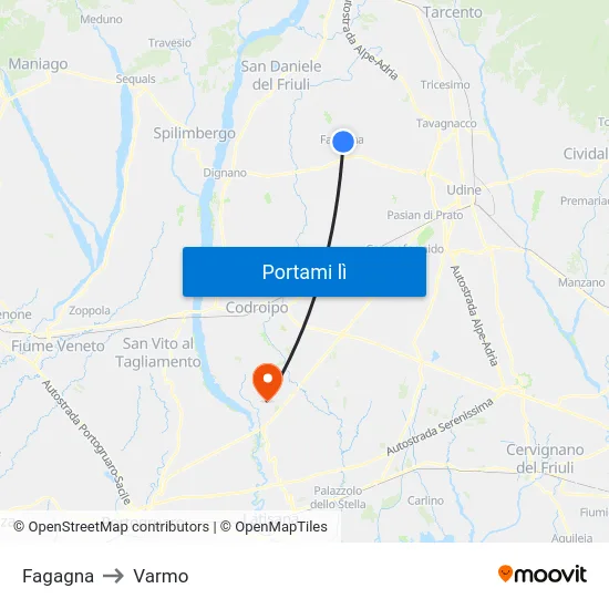 Fagagna to Varmo map