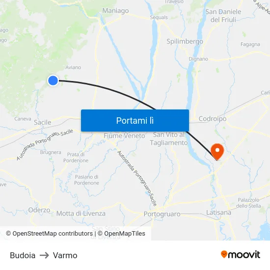 Budoia to Varmo map