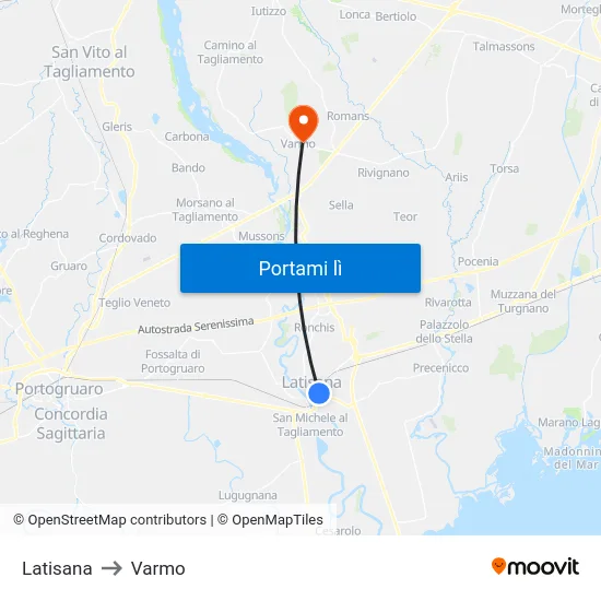 Latisana to Varmo map