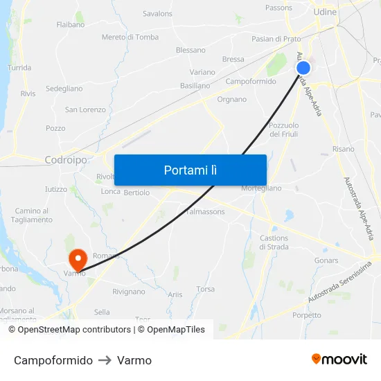 Campoformido to Varmo map
