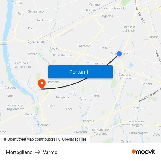 Mortegliano to Varmo map