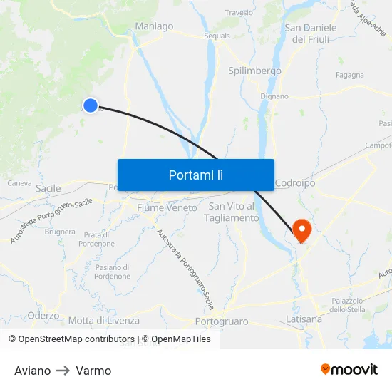 Aviano to Varmo map