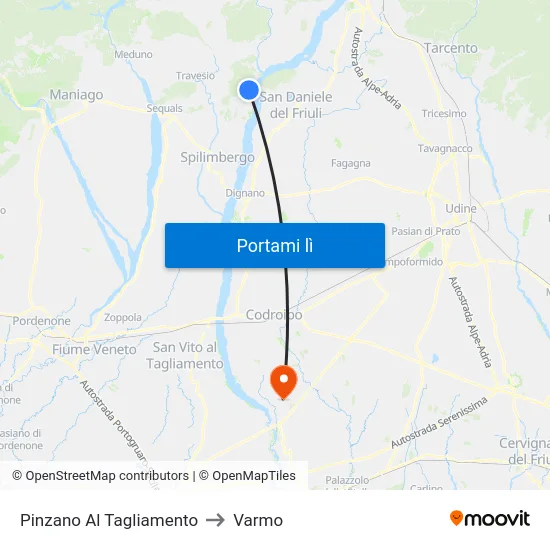 Pinzano Al Tagliamento to Varmo map