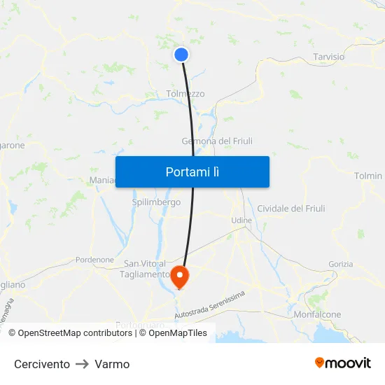 Cercivento to Varmo map