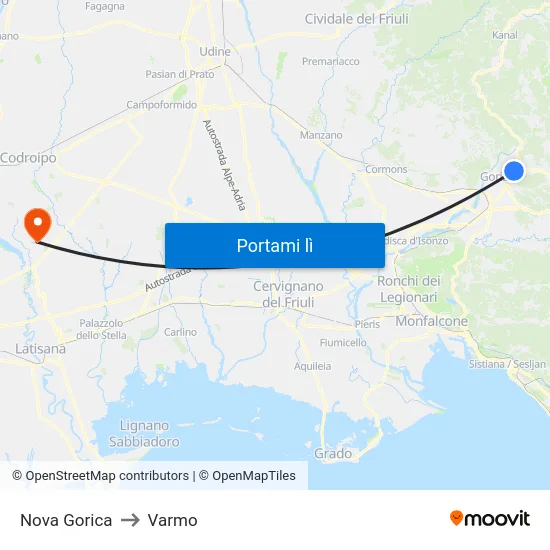 Nova Gorica to Varmo map