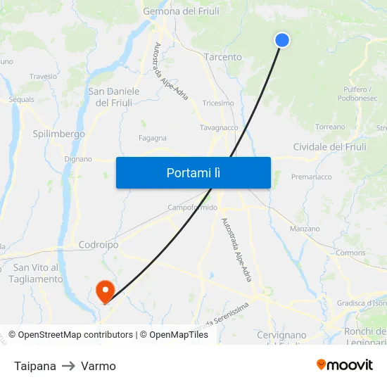 Taipana to Varmo map