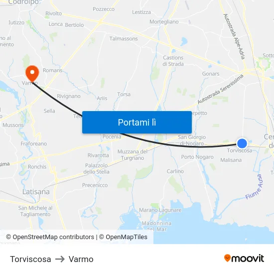Torviscosa to Varmo map