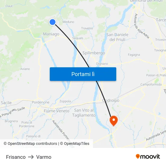 Frisanco to Varmo map