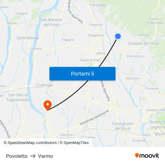 Povoletto to Varmo map