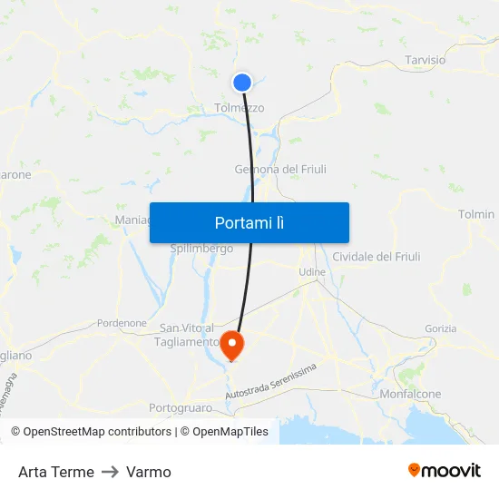Arta Terme to Varmo map