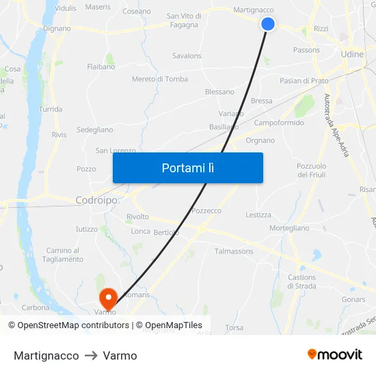Martignacco to Varmo map