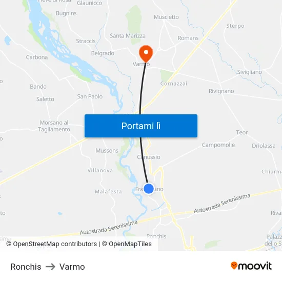 Ronchis to Varmo map