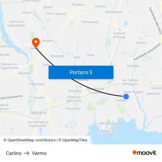 Carlino to Varmo map