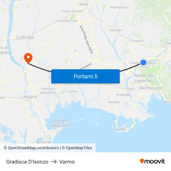 Gradisca D'Isonzo to Varmo map