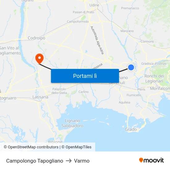 Campolongo Tapogliano to Varmo map
