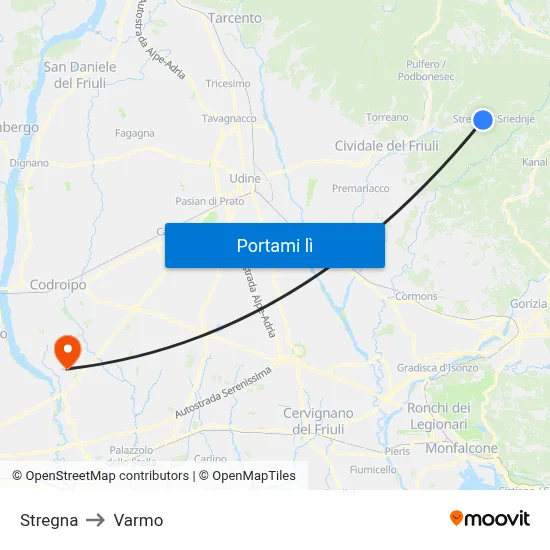 Stregna to Varmo map