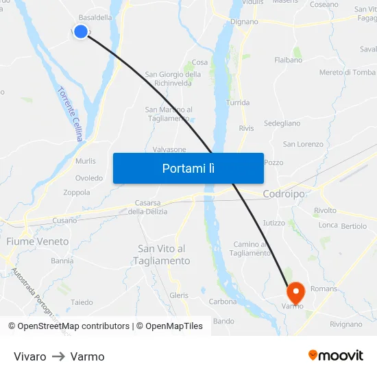 Vivaro to Varmo map