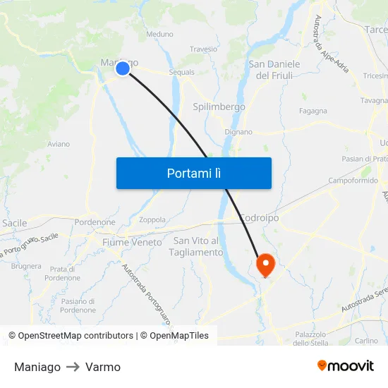 Maniago to Varmo map