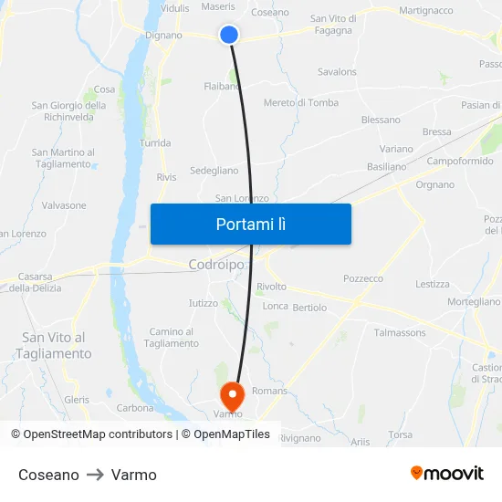 Coseano to Varmo map