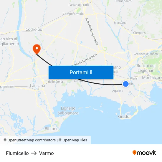 Fiumicello to Varmo map