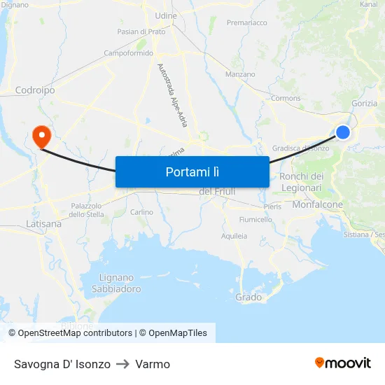 Savogna D' Isonzo to Varmo map