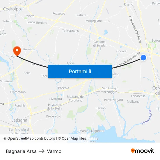 Bagnaria Arsa to Varmo map