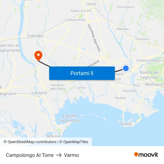 Campolongo Al Torre to Varmo map