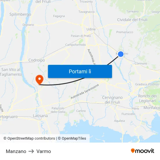 Manzano to Varmo map