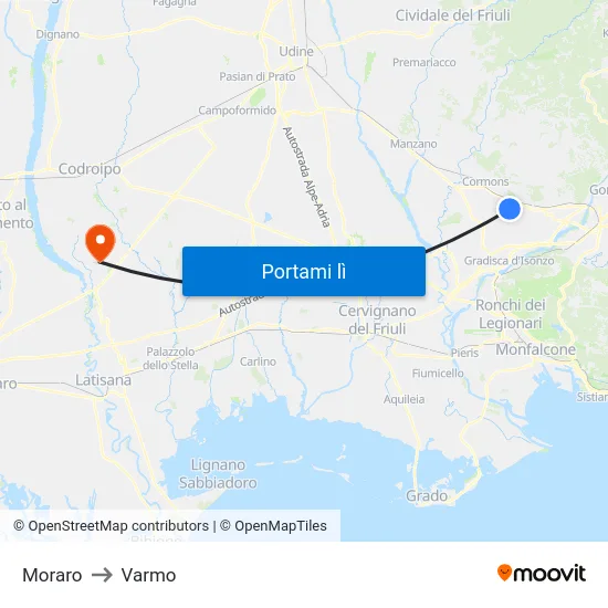 Moraro to Varmo map