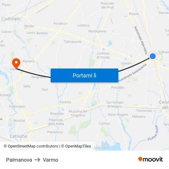 Palmanova to Varmo map