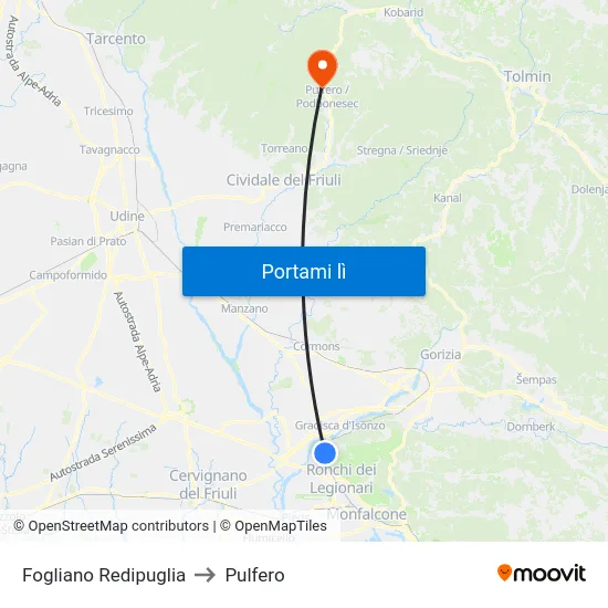 Fogliano Redipuglia to Pulfero map