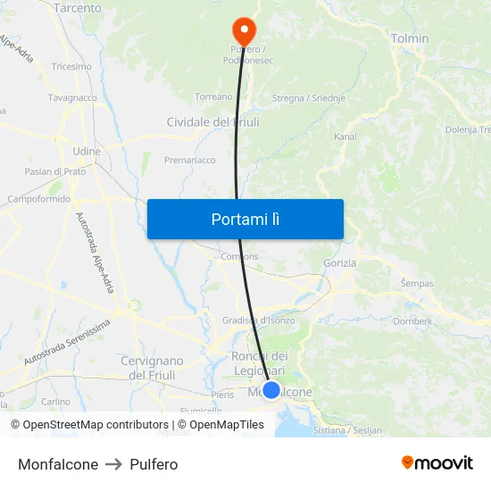 Monfalcone to Pulfero map