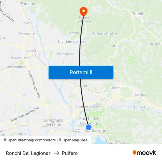 Ronchi Dei Legionari to Pulfero map