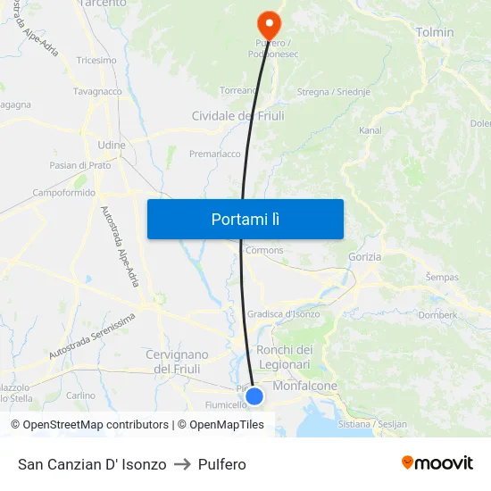 San Canzian D' Isonzo to Pulfero map