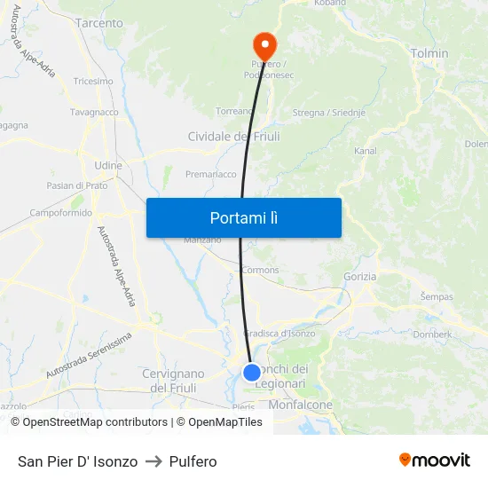San Pier D' Isonzo to Pulfero map